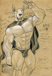 1boy abs animal_ears anthro biceps blush bulge bull_terrier cape collar dc halloween julius male male_only muscular muscular_male nipples obliques pecs ribs serratus_anterior superman superman_(series) text triceps tush