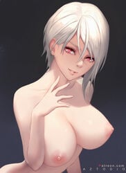 1girls albino artist_name azto_dio black_background breasts collarbone commentary female female_only hair_between_eyes hand_up highres large_breasts leaning_forward nakiri_alice nipples nude pale_skin parted_lips pink_eyes pink_lips shokugeki_no_souma short_hair silver_hair smile solo solo_female upper_body white_hair