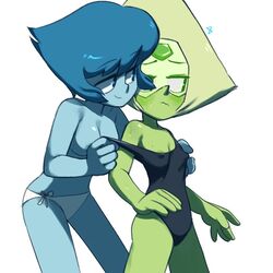 2girls bikini_bottom blush embarrassed female_only lakilolom lapis_lazuli_(steven_universe) mostly_nude nip_slip nipple_pinch nipple_slip nipples_visible_through_clothing one-piece_swimsuit peridot_(steven_universe) shy steven_universe swimsuit topless undressing undressing_another undressing_partner yuri