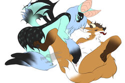 anthro big_breasts big_ears breasts canid canine chiropteran demon duo erzabloodred female female/female fluffy fox hi_res hybrid invalid_tag mammal pussy single teasing were werechiropteran wings yuri