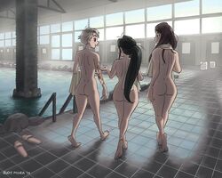 2019 3girls ass back back_view backboob big_ass big_breasts black_eyes black_hair blonde_hair breasts brown_hair casual casual_nudity character_request female female_only from_behind hips hourglass_figure long_hair nude onsen original original_character ponytail pool rudy_mora scarlet_(rudy_mora) smile standing sweat tagme tattoo towel voyeur white_skin