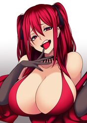 aka_noju bare_shoulders bedroom_eyes big_breasts bust busty camui_kamui_(hz_666v) classy cleavage dress female finger_in_mouth full_cleavage gradient_background huge_breasts matching_hair/eyes off_shoulder original red_dress red_eyes red_hair seductive solo streaked_hair tied_hair twintails