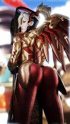 1girls 3d angel ass big_ass blizzard_entertainment blonde_hair blue_eyes clothed eye_contact eyeshadow female fortune_mercy half-closed_eyes huge_ass large_ass light_skin looking_at_viewer looking_back mercy nyalicia open_mouth overwatch patreon slim text thick_thighs tied_hair url watermark wide_hips wings