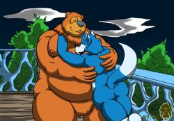 2020 absurd_res anthro ass bear_in_the_big_blue_house blue_body brown_body canid canine canis domestic_dog duo embrace hi_res hug husky male male/male mammal mikeyex moobs night nipples nordic_sled_dog outside overweight overweight_male spitz ursid white_body