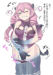 2018 blush bodily_fluids bottomwear bra breasts c-3matome clenched_teeth clothing demon demon_girl demon_horns demon_tail female hair horn_growth horns human_to_humanoid humanoid humanoid_pointy_ears japanese_text masturbation one_eye_closed pink_hair simple_background skirt solo spade_tail spikes tail_growth tears teeth text torn_clothing transformation underwear white_background wing_growth wings