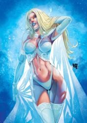 blonde_hair blue_eyes blue_lipstick breasts cape elly_rieve emma_frost hellfire_club large_breasts marvel marvel_comics opera_gloves pinup thighhighs walter_geovani white_queen wide_hips x-men