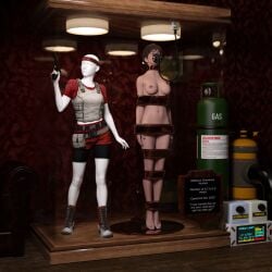 1girls 3d arms_at_sides asleep barefoot bondage bound bound_arms bound_legs bound_neck breasts brown_hair captured captured_heroine chloroform clothes_removed defeated defeated_heroine display display_case drugged eyes_closed feet forniphilia gas_mask helpless helpless_female human_furniture human_trophy immobile indoors legs_together living_statue living_trophy mannequin name_tag nipples nude nude_female oldmanjaay overhead_light permanent_bondage plaque pussy_obscured rebecca_chambers resident_evil sign solo_female stasis_chamber stationary_restraints stripped stripped_naked suspension suspension_bondage trophy_case unconscious