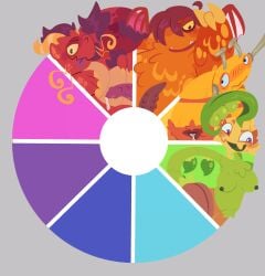 ambiguous_gender blep breasts carillong chimekeeperderg_(artist) cloaca cloaca_juice color_wheel_challenge eastern_dragon edamimi feathers female flora_fauna green_nipples hair_covering_eye lineless looking_at_viewer male monster multiple_characters my_singing_monsters nubbed_penis penile_spines piplash plant_humanoid precum presenting riff scalie seasonal_monster swept_bangs tongue_out unfinished wings