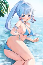 1girls 2024 2d 2d_(artwork) alternate_costume ass back_view bikini blue_bikini blue_bikini_bottom blue_bikini_top blue_eyes blue_hair blue_nails bra day female female_focus female_only genshin_impact hourglass_figure hoyoverse kamisato_ayaka light-skinned_female light_skin long_hair long_ponytail looking_at_viewer lying_on_side lying_on_water medium_breasts mihoyo open_mouth outdoors palm_tree ponytail side_view smiling smiling_at_viewer solo solo_female solo_focus summer swimsuit thong thong_bikini tukise_33 two_piece_swimsuit water wet wet_body young younger_female