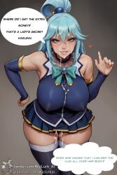 1girls ai_generated aqua_(konosuba) big_breasts blue_eyes blue_hair breasts clueless covered_in_cum cum_on_body cum_on_breasts cum_on_clothes cum_on_face dialogue english_text facial female female_only floating_heart fully_clothed hard_nipples huge_breasts implied_prostitution kono_subarashii_sekai_ni_shukufuku_wo! leaking_cum long_hair off_screen_character off_screen_male_character prostitution skirt smile solo teeth text text_bubble tights wizlurk_ai