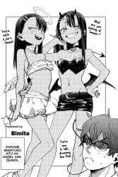 1boy 2girls 774_(nanashi) angel cleavage demon english_text female futanari glasses halo hayase_nagatoro male monochrome multiple_girls naoto_hachioji_(senpai) navel official_art open_mouth please_don't_bully_me,_nagatoro text