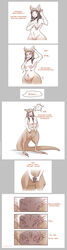 breasts comic crotchboobs dialogue digitigrade female hi_res human kangaroo macropod mammal marsupial multi_breast multi_nipple nipples nude pouch_(anatomy) pussy simple_background solo species_transformation strawberrytfs transformation white_background