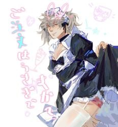 alternate_costume blush boxers canon_crossdressing cloudyqchan crossdressing femboy fully_clothed garter_straps gintama gintoki_sakata grey_hair looking_at_viewer maid maid_headdress maid_uniform male male_only masculine paako skirt_lift smile solo stockings strawberry_print teasing thighhighs twintails white_legwear white_thighhighs wig