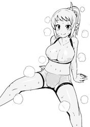 areolae bike_shorts breasts cameltoe check_commentary closed_mouth commentary_request female gundam gundam_build_fighters gundam_build_fighters_try hoshino_fumina large_breasts looking_at_viewer medium_hair monochrome simple_background smile solo sports_bra sweat tamagoro tamagoroo tamagoroo_(funifuni_labo) white_background