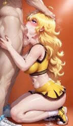 1boy 1girls ai_generated cheerleader cheerleader_uniform cum cum_in_mouth cum_on_face deepthroat fellatio irrumatio jlullaby_(style) light-skinned_female light-skinned_male oral oral_sex partial_male rwby skirt tagme throat_bulge throat_fuck tight_clothing twistedpeach yang_xiao_long