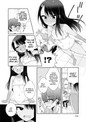 1boy 1girls 774_(nanashi) bikini bikini_bottom bikini_top blush blush_lines blushing comic comic_page english_text female glasses hayase_nagatoro human male micro_bikini micro_bikini_bottom micro_bikini_top monochrome naoto_hachioji_(senpai) navel official_art page_116 page_number please_don't_bully_me,_nagatoro swimwear text