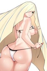 1girls ass back back_view backboob big_ass big_breasts bikini bikini_bottom bikini_top blonde_hair bottomwear breasts dean eyepatch_bikini female female_only game_freak green_eyes hair hair_over_one_eye huge_ass long_hair looking_back lusamine_(pokemon) mature mature_female mature_woman milf mother pokemon pokemon_sm smile solo solo_female string_bikini swimwear thick_thighs thighs topwear white_bikini