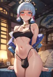 1futa ai_generated balls balls_in_panties balls_under_clothes bare_legs bed bedroom black_bra black_panties blue_eyes blue_hair blunt_bangs blush bra breasts bulge civitai clothed clothing embarrassed flaccid flaccid_penis futa_focus futa_only futanari genshin_impact hands_behind_back highres hips indoors kamisato_ayaka light-skinned_futanari light_skin long_hair looking_at_viewer louisjunior medium_breasts midriff mihoyo navel panties partially_clothed penis penis_in_panties penis_under_clothes ponytail solo solo_focus solo_futa testicles thighs uncensored undressing upscaled