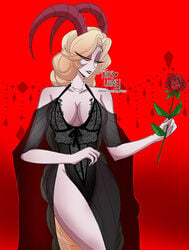 1girls ady_laine female_only flowing_hair hazbin_hotel horns lilith_morningstar_(hazbin_hotel) lingerie long_hair milf mother patreon_reward pin_up pinup rose_(flower) solo straight_hair succubus tagme text vivienne_medrano