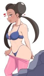 1girls ass big_breasts blue_bra blue_panties bottomwear bra breasts brown_hair cleavage clothing double_bun female female_only game_freak heart hearts_around_head huge_breasts long_hair matching_underwear open_mouth pabsmikan panties pants pink_pants pokemon pokemon_rse red_eyes rock roxanne_(pokemon) seductive seductive_look smile solo solo_female topwear twintails undressing