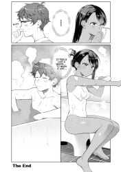 1boy 1girls 774_(nanashi) bathing breasts breath breath_in breathe comic comic_page end_page english_text female hayase_nagatoro human male monochrome naoto_hachioji_(senpai) page_14 please_don't_bully_me,_nagatoro text the_end washing washing_self wholesome