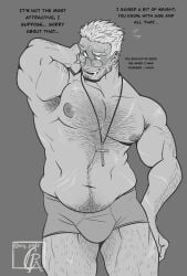 1boy alexander_anderson artist_signature bara bara_tits biceps big_bulge big_pecs boxers chubby chubby_male cross crucifix cry_ptidd daddy dilf embarrassed english_text glasses hairy_chest hairy_legs hairy_male hand_on_hip hellsing hellsing_ultimate insecure large_pecs looking_away male male_focus male_only monochrome musclegut muscular_male nipples old_man older_male overweight overweight_male scar scars smile standing strongfat stubble underwear yaoi