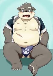 absurd_res asian_clothing belly blush bottomless bulge canid canine canis clothed clothing domestic_dog east_asian_clothing erection fundoshi hi_res japanese_clothing male male_only mammal moritaka musclegut navel nipples pawpads pecs penis reddo12340 scar tenting tokyo_afterschool_summoners underwear video_games