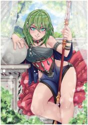 1girls alternate_costume bare_arms bare_legs bare_shoulders breasts bush byleth_(fire_emblem) byleth_(fire_emblem)_(female) capelet collar collarbone curtains dancer dancer_(three_houses) evil_grin evil_smile female female_only fire_emblem fire_emblem:_three_houses gensox green_eyes green_hair grin hair_between_eyes legs looking_at_viewer medium_breasts medium_hair nintendo outdoors pillow see-through shoulders side_slit sitting smile solo spear weapon wide_hips