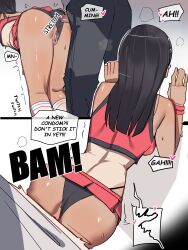 1boy 1girls against_wall ai_generated ass black_hair cheerleader english_text female hayase_nagatoro human long_hair male naked nude panties penis please_don't_bully_me,_nagatoro pussy sex skirt tan tan-skinned_female tanline tanned text ti-keep ti_keep