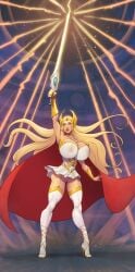 1girls arm_up devil_hs female_only full_body garter_straps headgear high_heels highleg_panties huge_breasts large_areolae microdress minidress pleated_skirt see-through see-through_clothing she-ra she-ra_princess_of_power solo stiletto_heels sword toned toned_female vambraces very_high_heels very_long_hair white_dress white_thighhighs