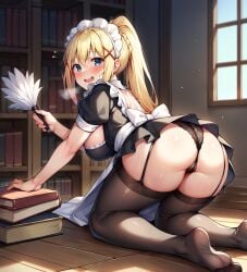 1girls ai_generated aimoonshine alternate_costume apron ass black_dress black_garter_straps black_panties black_thighhighs blonde_hair blue_eyes blush book bookshelf breasts darkness_(konosuba) dress duster enmaided feet female garter_straps hair_ornament indoors kneeling kono_subarashii_sekai_ni_shukufuku_wo! large_breasts long_hair looking_at_viewer looking_back maid maid_headdress no_shoes open_mouth panties ponytail short_sleeves smile soles solo stockings thighhighs thighs underwear window wooden_floor x_hair_ornament