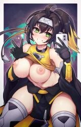 blush cellphone female flashing flashing_breasts grin large_breasts nipples poifuru raised_eyebrows s-force_rappa_chiyomaru shirt_lift smile sweaty taking_selfie thick_thighs thighs yu-gi-oh!