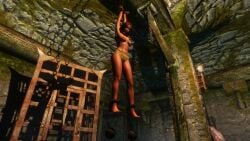 1girls 3d arms_above_head ball_and_chain bondage bound bound_wrists dirkjag dungeon mod panties red_hair shackles skyrim suspension suspension_bondage topless topless_female yellow_panties