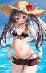 1girls 2024 2d 2d_(artwork) alternate_costume belly_button bikini bikini_bottom bikini_top black_bikini black_bikini_bottom black_bikini_top black_thong blush bra brown_hair clouds day female female_focus female_only flower flower-shaped_pupils flower_in_hat front_view genshin_impact hat hoyoverse hu_tao_(genshin_impact) light-skinned_female light_skin long_hair long_pigtails looking_at_viewer mihoyo minishorts navel ocean open_mouth outdoors pigtails red_eyes revealing_clothes revealing_swimsuit small_breasts smiling smiling_at_viewer solo solo_female solo_focus standing standing_in_water summer_hat swimsuit thong thong_bikini tukise_33 two_piece_swimsuit water wet wet_body young younger_female