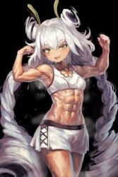 1girls abs biceps flexing green_eyes midriff muscular muscular_female sweat sweaty traptrix_genlisea twintails white_hair yilx yu-gi-oh!