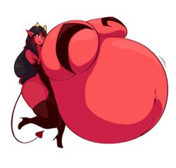 belly_button black_bra black_hair demon_girl demoness elbow_gloves gloves hyper_belly hyper_breasts hyper_butt hyper_pregnancy keerlyna long_hair monster_girl pointed_ears pregnant ready_to_pop red_eyes red_highlights red_skin spade_tail theboobiesus thighhigh_boots yellow_horns