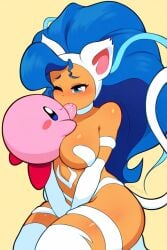 1boy 1girls ai_generated big_breasts blowjob blue_eyes blue_hair breasts capcom cat_ears cat_girl cat_tail catgirl crossover darkstalkers felicia_(darkstalkers) fellatio female kirby kirby_(series) large_breasts male nintendo penis pink_skin straight tail