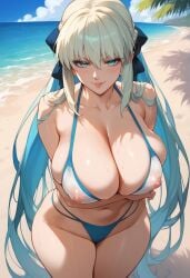 ai_generated beach bikini blue_eyes bombacopta fate/grand_order fate_(series) huge_breasts long_hair morgan_le_fay_(fate) thick_thighs