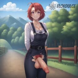 1futa ai_generated ball_hair balls breasts cleavage cow_girl_(goblin_slayer) crotchless erect_penis flordulce futa_only futanari goblin_slayer hairy_balls hairy_testicles half-erect huge_breasts lost_clothes outdoors overalls penis penis_out pubic_hair purple_eyes red_hair short_hair smile solo standing testicles uncut white_shirt