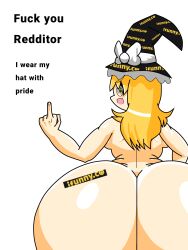 1girls artist_upload blonde_female blonde_hair bow female female_only hugeassfan hyper_ass ifunny ifunny_watermark light-skinned_female light_skin light_skinned_female looking_at_viewer looking_back marisa_kirisame meme middle_finger naked naked_female nude nude_female self_upload shitpost solo solo_female tattoo touhou white_bow witch witch_hat yellow_eyes yellow_hair