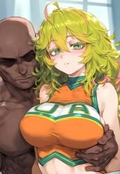 1boy 1girls ai_generated big_breasts blush boku_no_hero_academia breast_grab cheerleader dark-skinned_male dark_skin green_eyes green_hair huge_breasts interracial light-skinned_female light_skin looking_at_viewer massive_breasts medium_hair multicolored_hair muscular_male my_hero_academia nakatori nude nude_male shounen_jump squatting sweat sweatdrop tooru_hagakure tooru_hagakure_(visible) voluptuous voluptuous_female