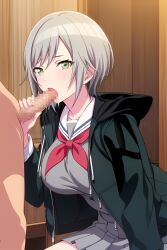 ai_generated artificial_intelligence blowjob blowjob_face gray_hair green_eyes hinomori_shiho miyamasuzaka_girls'_academy_school_uniform mlw project_sekai short_hair sucking_penis tomboy wlm