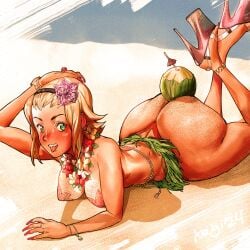 ass beach big_ass big_butt breasts coconut female grass_skirt hand_on_head k-on! keigi laying_down laying_on_stomach long_nails pasties ritsu_tainaka_(k-on!) sand_on_ass