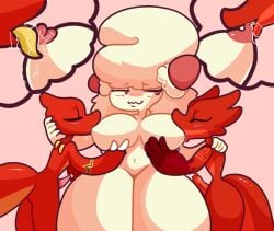 alcremie anthro areola big_breasts bite blush bodily_fluids breast_play breast_sucking breastfeeding breasts charmeleon claws close-up cream_(diicks) cum digital_media_(artwork) diicks dorian_(bds_charmeleon) erection female food food_creature food_hair fruit generation_1_pokemon generation_8_pokemon genital_fluids genitals group hi_res lactating licking male male/female nintendo nipple_bite nipple_fetish nipple_lick nipple_play nipples nude open_mouth penis plant pokemon pokemon_(species) pseudo_hair scalie simple_background smile sucking tail thick_thighs tongue tongue_out trio wide_hips