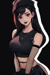 1girls ai_generated alternate_costume black_background black_hair final_fantasy final_fantasy_vii fishnets goth large_breasts lipstick navel red_eyes redpostit smile suspenders tifa_lockhart