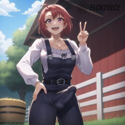 1futa ai_generated cleavage covered_penis cow_girl_(goblin_slayer) erect_penis erection erection_under_clothes erection_under_clothing flordulce futa_only futanari goblin_slayer hand_on_hip happy open_mouth outdoors overalls peace_sign penis penis_under_clothes purple_eyes red_hair short_hair smile solo_futa standing white_shirt