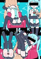 1boy 1girls accurate_art_style aqua_hair aqua_necktie black_skirt black_sleeves censor_bar censored censored_eyes chair chibi detached_sleeves erect_penis fellatio fondling_balls handjob hatsune_miku holding_handheld_game_console legs_up long_hair multiple_views mv_character nintendo_switch panties panty_shot penis pleated_skirt pussy sex sleeveless sleeveless_shirt spread_legs straight striped_panties testicles tokumei_m_(vocaloid) twintails useless_censoring vagina vaginal_penetration vaginal_sex vocaloid white_shirt yunshih