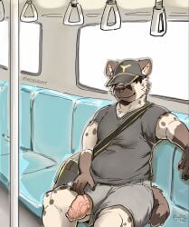 anthro bottomwear clothing flaccid foreskin genitals hat headgear headwear humanoid_genitalia humanoid_penis hyena male male_only mammal penis penis_through_leghole poking_out public public_transportation shorts sitting solo theopieart