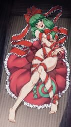 1girl barefoot bound_wrists bow breasts frilled_ribbon frills green_eyes green_hair hair_ribbon highres kagiyama_hina lying nude ootsuki_wataru red_bow red_ribbon restrained ribbon smile solo touhou