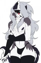 1boy abs adorable ambush_loona big_muscles bulge cassielink cute eyeliner femboy femboy_loona feminine feminine_male furry gay genderswap_(ftm) grey_body grey_fur grey_hair hair_covering_eye happy helluva_boss long_hair looking_at_viewer loona loona_(helluva_boss) male male_focus male_loona male_only muscles muscular muscular_male pecs pectorals penis_bulge rule_63 seductive seductive_look seductive_smile shirtless simple_background smile smiling solo solo_male stretching strong thong topless topless_male vivziepop white_background white_body white_fur wolf wolf_boy yaoi